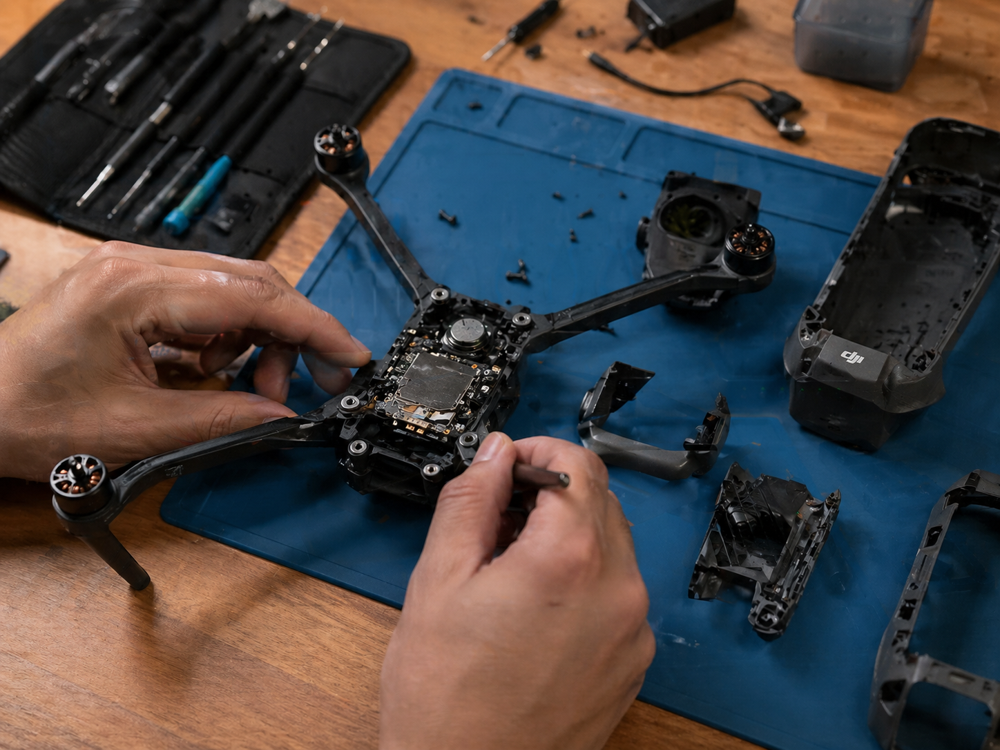 Manutenção de drone em bancada técnica